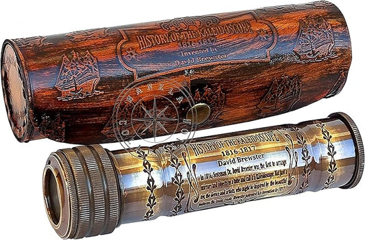 Handmade Brass Kaleidoscope Engraved Nautical Kids Gift with Antique Leather Case Educational Gift Vintage Decor Collection