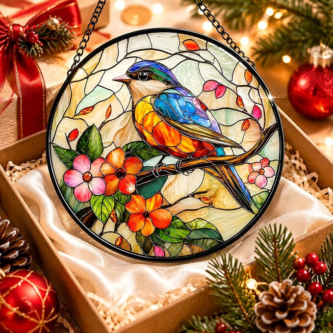 Birds and Flower Acrylic Suncatcher Faux Stained Glass Window Hanging 11.8" | - Image 5