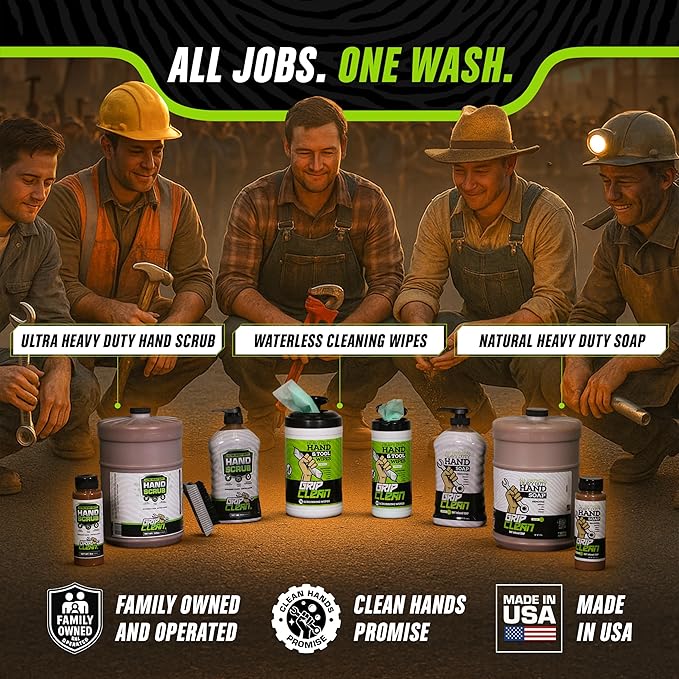 Grip Clean Heavy-Duty Hand Cleaner for Mechanics with Nail Brush - Moisturizing Coconut Oil Hand Cleaner Liquid Hand Soap with Stiff Bristle Nail Brush, Lime Scent – 8 Fl Oz Squeeze Bottle + Brush