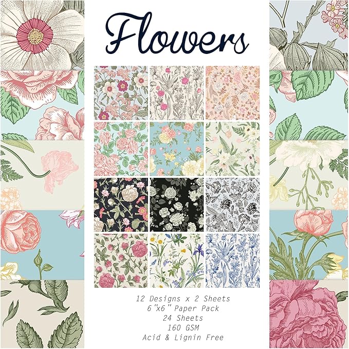 24 Sheets 12 Designs Scrapbook Paper Pad,6"×6” Single-Sided Decopodge Craft Cardstock Paper, Christmas Scrapbooking DIY Decorative Background Cardmaking Supplies.Flowers
