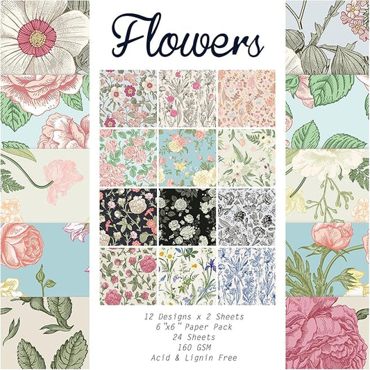 24 Sheets 12 Designs Scrapbook Paper Pad,6"×6” Single-Sided Decopodge Craft Cardstock Paper, Christmas Scrapbooking DIY Decorative Background Cardmaking Supplies.Flowers