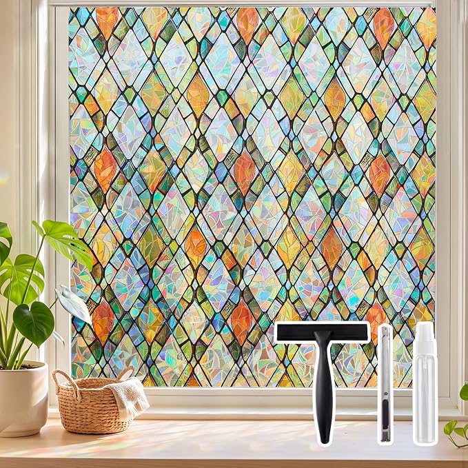Window Privacy Film, Stained Glass Static Cling Rainbow Stickers 35.4" x by SUNBABY