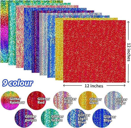 GIRAFVINYL Holographic Glitter Permanent Vinyl Bundle, 9 Assorted Colors 12-Inch Sheets, Glitter Vinyl Permanent Self-Adhesive Durable for Indoor/Outdoor Crafts, Easy to Cut/Weed with Protective Film