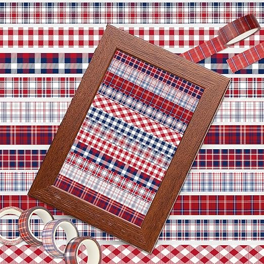 12 Rolls Basic Grid Washi Tape Set, Red Blue White Plaids Decorative Paper Stickers for Thanksgiving Christmas Independence Day Scrapbook Journaling DIY Art Crafts Gift Wrapping 16.4FT