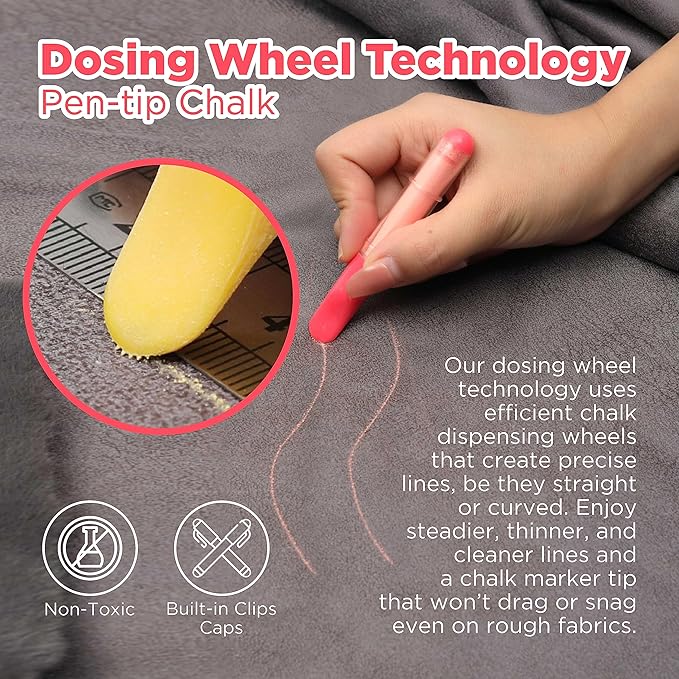 (3-pack) Fabric Chalk Markers -Erase Tailor’s Chalk for Quilting and Sewing - Compatible with Most Fabrics - With Dosing Wheel Technology, Red, Yellow, White