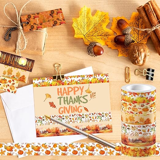 12 Pcs Thanksgiving Washi Tape Maple Leaf Print Masking Tape Pumpkin Pattern Decorative Paper Sticker for Fall Party Holiday Scrapbook DIY Craft Gift Wrapping Handbook Sticker