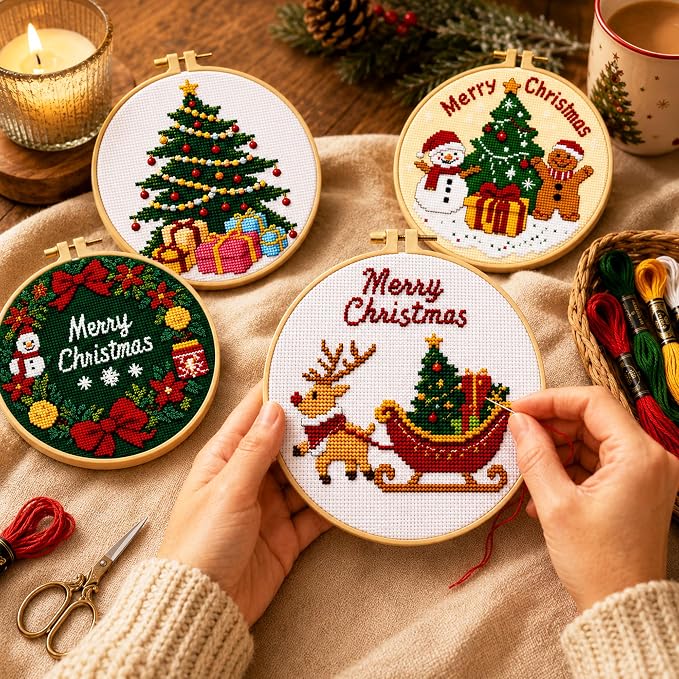 Zhenqing 4 Pack Christmas Stamped Cross Stitch Kit, 11CT Printed Santa Reindeer - Image 3