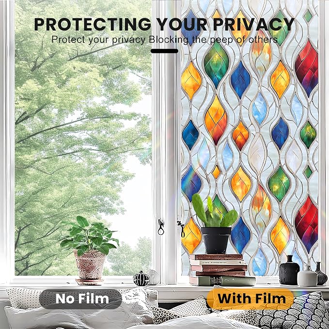 Stained Glass Window Privacy Film: Non-Adhesive Sun and Landscape Mosaic Design - Image 5