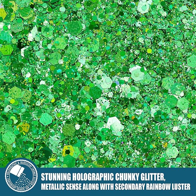 Holographic Chunky Glitter, 5.64oz/160g Craft Glitter Powder Mixed Chunky Flakes, Iridescent Sequins for Nail Art, Hair, Body, Epoxy Resin, Tumblers, Slime, Painting, Festival Decor (Jade Green)