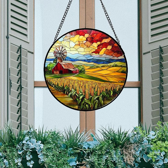 Stained Glass Window Hanging Autumn Farm Corn Harvest Landscape 7.8" - Image 5