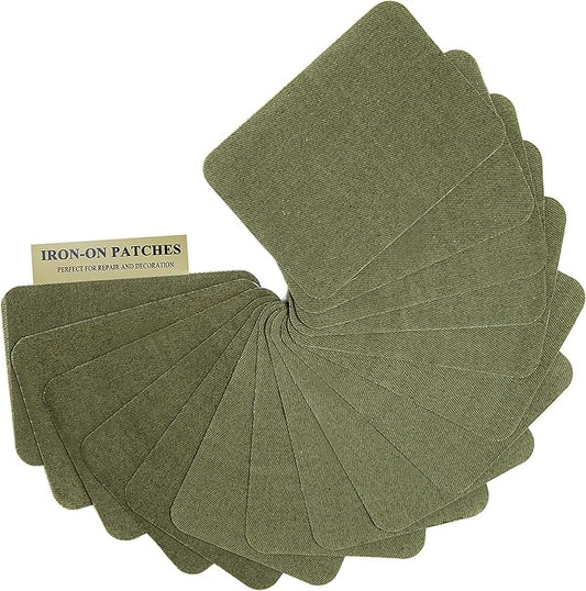 12PCS Fabric Iron on Patches Inside & Outside Strong Glue 100% Cotton Repair Patch for Clothes Pants Mending and Decorating, Army Green