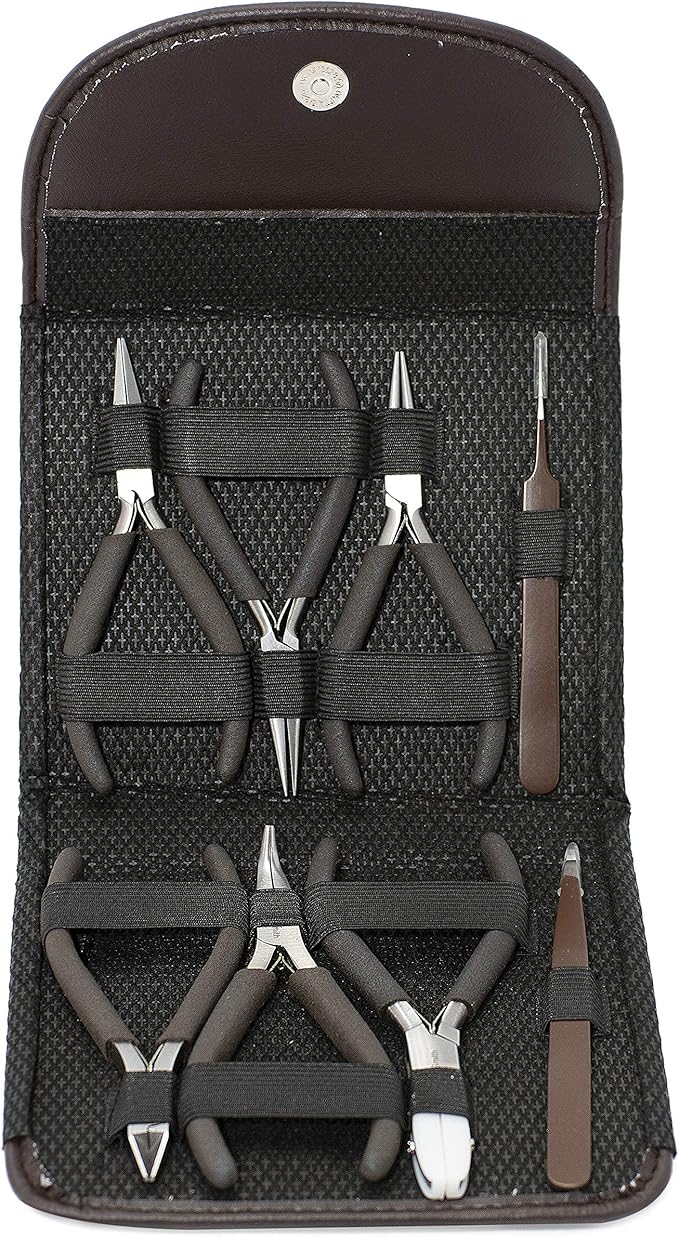 The Beadsmith Fashion Color Pliers – Set of 8 Slimline Color-Coordinated Tools – Matching Clutch in Chocolate – Jewelry Making Supply Kit to Create Necklaces, Bracelets, Earrings & More