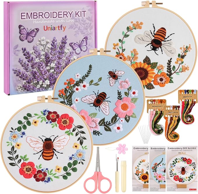 Uniartfy 3 Pack Bee Flower Embroidery Kits by Uniartfy