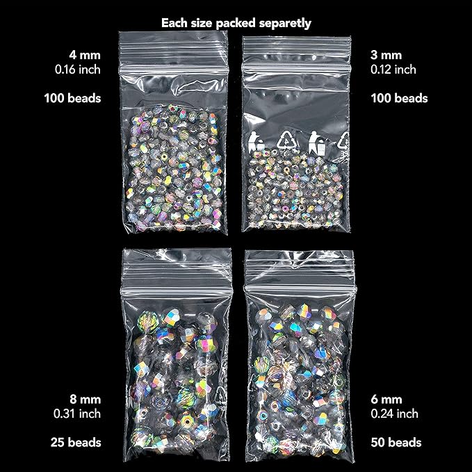 275 pcs Set of Czech Faceted Glass Beads, Fire-Polished Round Crystal Vitrail - 3mm (100pcs), 4mm (100pcs), 6mm (50pcs), 8mm (25pcs) kit for Jewelry Making