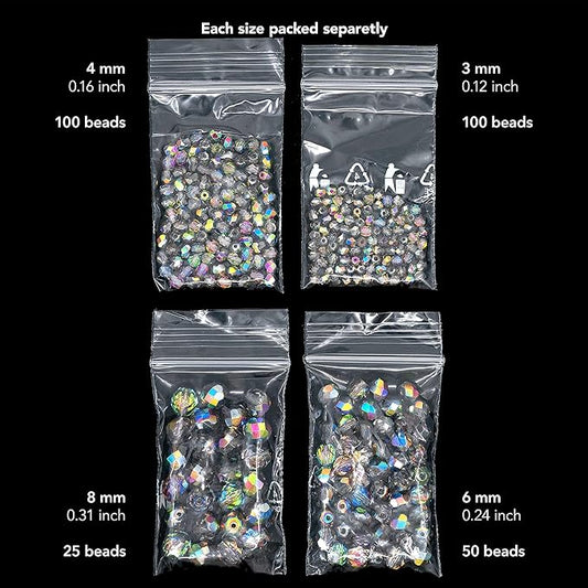 275 pcs Set of Czech Faceted Glass Beads, Fire-Polished Round Crystal Vitrail - 3mm (100pcs), 4mm (100pcs), 6mm (50pcs), 8mm (25pcs) kit for Jewelry Making