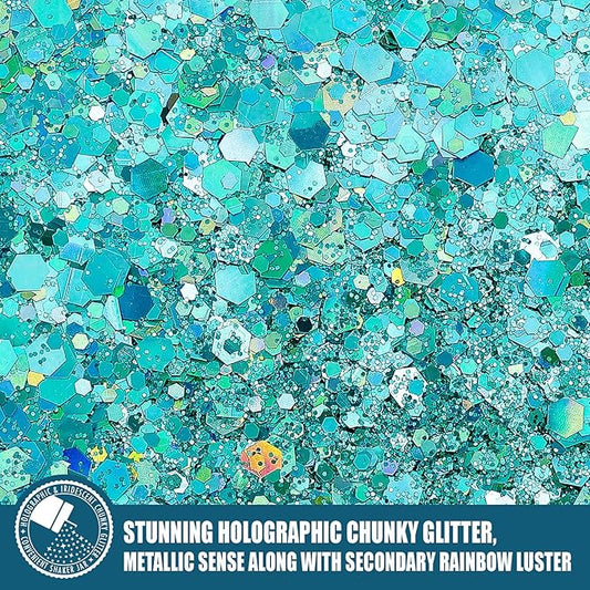 Holographic Chunky Glitter, 5.64oz/160g Craft Glitter Powder Mixed Chunky & Fine Flakes, Iridescent Sequins for Nail Art, Hair, Body, Eye Epoxy Resin, Tumblers, Painting, Festival Decor (Shine Blue)