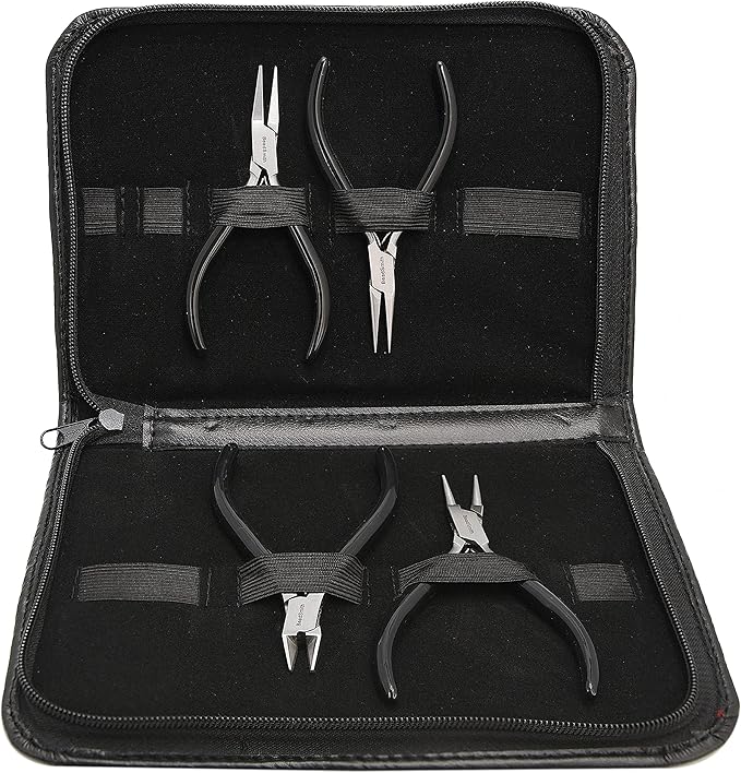The Beadsmith Slim Line Pliers Set – Extra Fine Tips – 4.5 Inches, 4-Pieces: Round Nose, Chain Nose, Flat Nose & Semi-flush Side Cutter – Leatherette Carrying Case Included – Tools for Jewelry Making