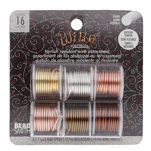 The Beadsmith Craft Wire Assortment - Tarnish-Resistant Copper Wire for Jewelry Making, 6-Pack, 0.75-Inch Mini Spools, 1 Yd Each, 16-Gauge, Assorted Colors, Medium Temper