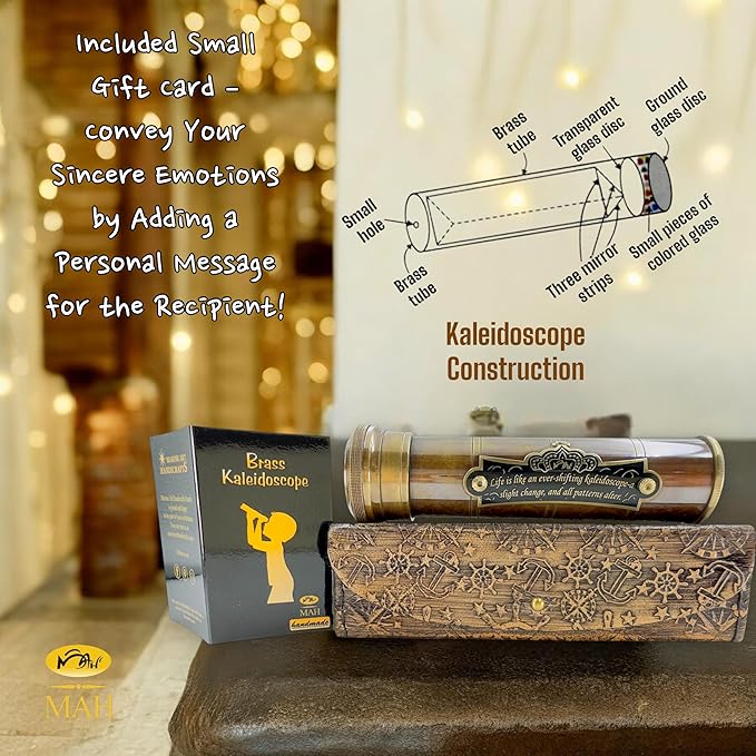 Handcrafted Brass Kaleidoscope – Vintage Nautical Collectible Gift for Kids, Teens & Adults – Sentimental Keepsake with Greeting Card – Educational Toy & Home Décor Accent – Timeless Pattern Design