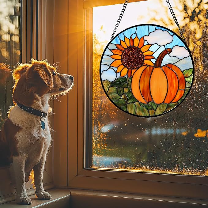 DASTOLL Stained Glass Window Hanging Fall Farm Scenery Sunflower Pumpkin 6.3" - Image 3