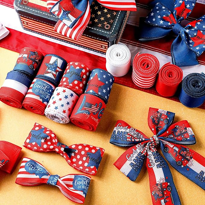 12 Rolls 60 Yards 4th of July Patriotic Ribbon Stars and Stripes Burlap Wired Edge Ribbon White Blue Red Decorative Crafts for Independence Day Memorial Day Gift Wrapping DIY Bow Craft