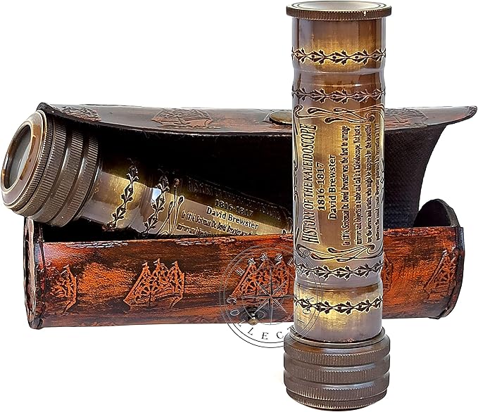 Handmade Brass Kaleidoscope Engraved Nautical Kids Gift with Antique Leather Case Educational Gift Vintage Decor Collection