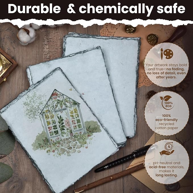 LEATHER VILLAGE Grey Deckled Edge Handmade Watercolor Paper 12x16 | 50 Sheets - Image 4
