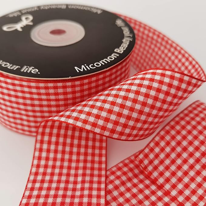 1.5 Inch Red and White Woven Edge 100% Polyester Gingham Ribbon 25 Yards Each Roll (1-1/2", Red)