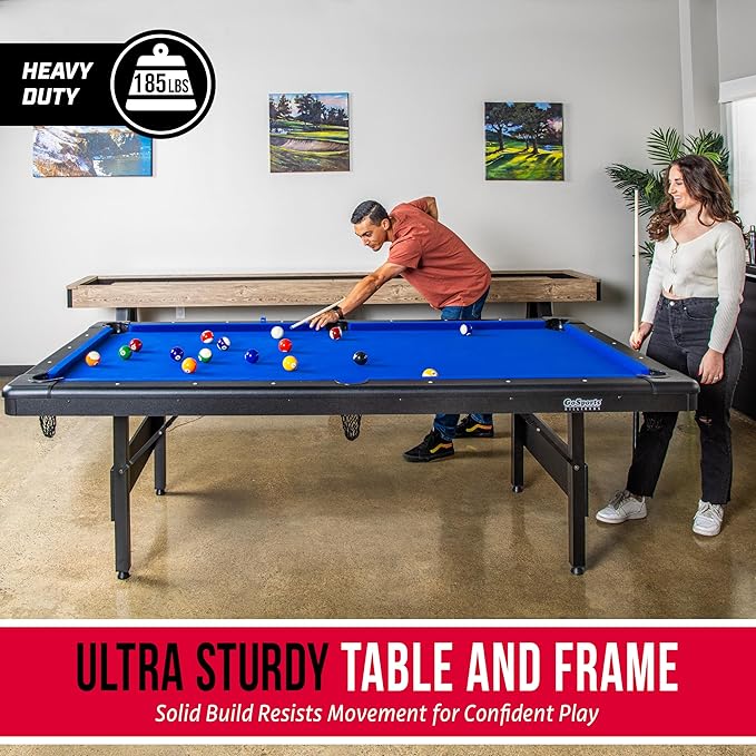 GoSports 6, 7, or 8 ft Billiards Tables - No Assembly, Choose Your Color - Portable Pool Table Includes Full Set of Balls, 2 Cue Sticks, Chalk and Felt Brush