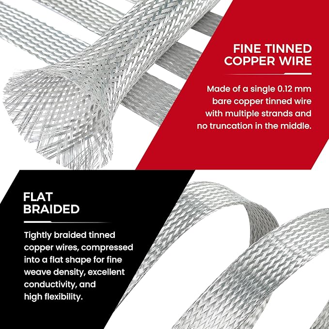 Tinned Copper Braid Wire Shielding Ground Strap Metal Cable Sleeve Expandable - Image 2