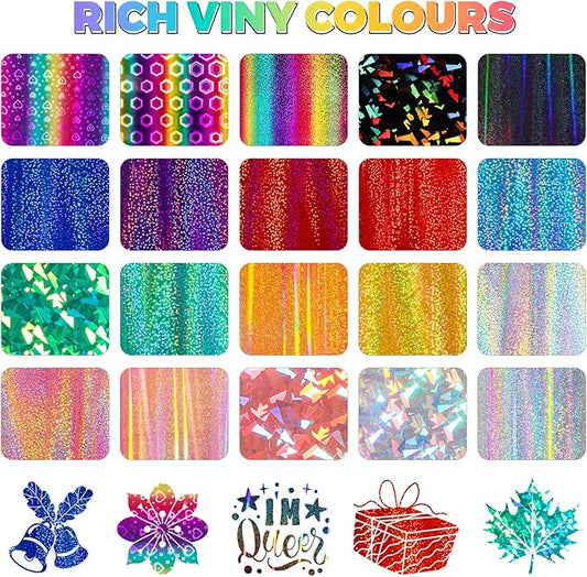 GIRAFVINYL Glitter Holographic Vinyl Bundle, Rainbow Holographic Permanent Vinyl 12" x 12" 17 Sheets Rainbow Glitter Vinyl Permanent for DIY Stickers, Signs, Cup, Home and Car Decorations