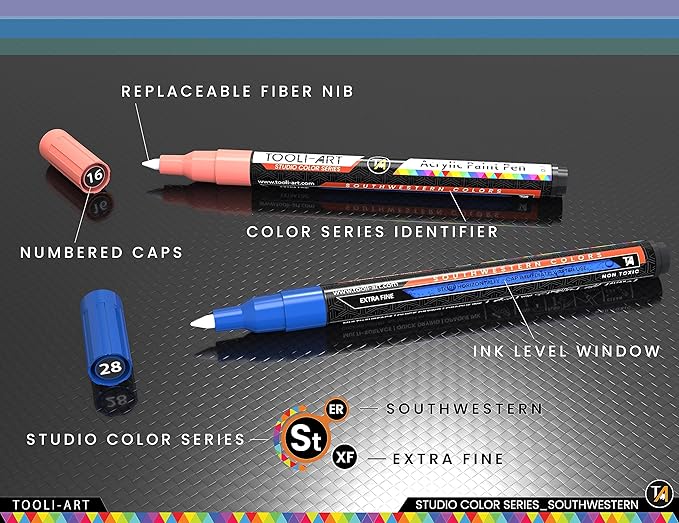 28 Southwestern Colors Acrylic Paint Pens Studio Color Series Markers Set 0.7mm Extra Fine Tip, Rock Painting, Glass, Mugs, Wood, Metal, Canvas, DIY, Detailing. Non Toxic, Waterbased, Quick Drying