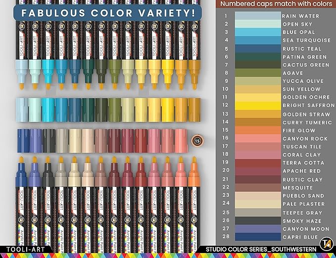 28 Southwestern Colors Acrylic Paint Pens Studio Color Series Markers Set 3mm Medium Tip, Rock Painting, Glass, Mugs, Wood, Metal, Canvas, DIY Projects, Detailing. Non Toxic, Waterbased, Quick Drying