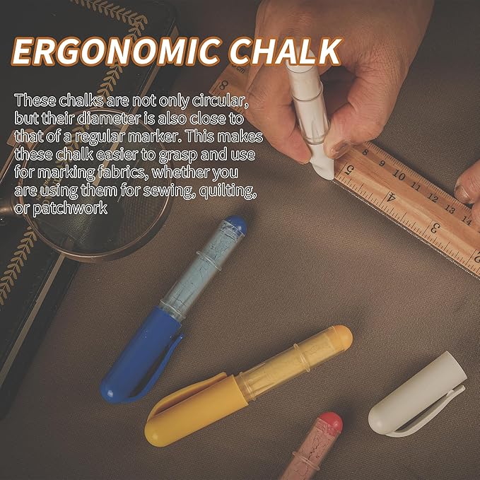 (3-pack) Fabric Chalk Markers -Erase Tailor’s Chalk for Quilting and Sewing - Compatible with Most Fabrics - With Dosing Wheel Technology, Red, Blue, White