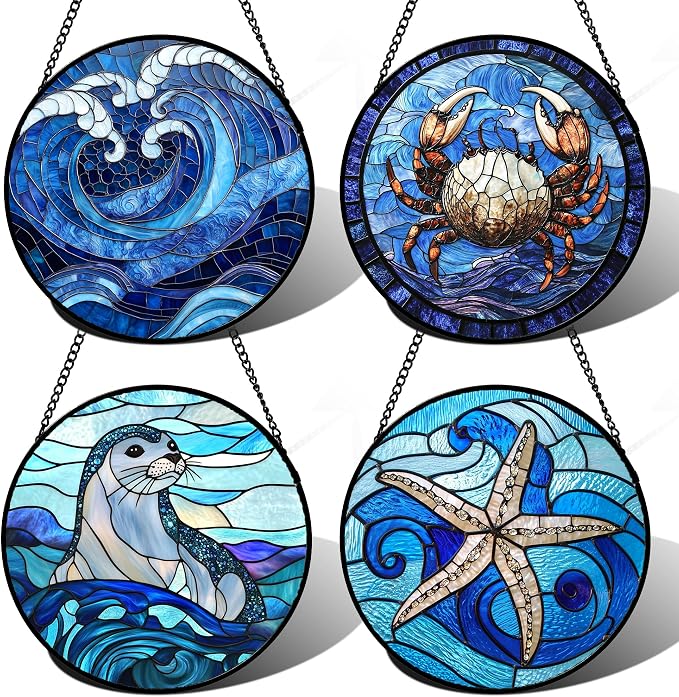 DASTOLL Stained Glass Window Hanging 4 Pcs Set Blue Ocean Waves Large 11.8" by DASTOLL