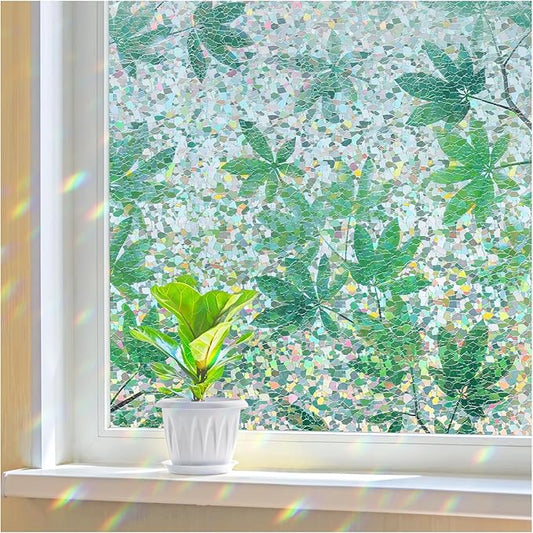 Haton Window Privacy Film, Decorative Stained Glass Window Clings, 3D UV Sun Blocking Sticker, Removable Static Cling Heat Control Tint for Home Door, Leaf Rainbow, 35.4" x 157.4" Non-Adhesive