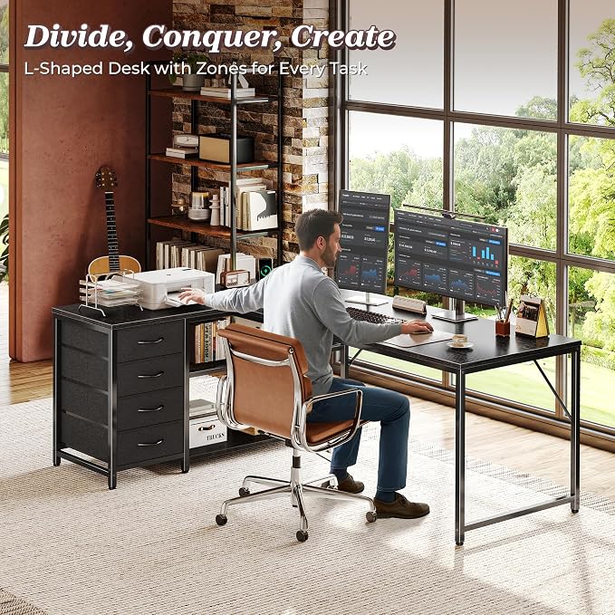 PRAISUN 61" L Shaped Desk with Power Outlets & USB-C Port, Reversible Computer - Image 2