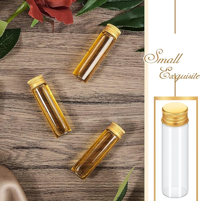 100 Pcs Small Clear Vials Spice Mini Jars with Lids Mini Glass Bottles with Screw Aluminum Metal Caps Tiny Jars Sample Containers for Powder Cream Cosmetic Jewelry Wedding (20 ml,Gold Caps)