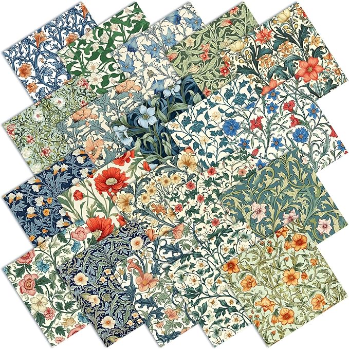Ganeen 60 Pcs 10 x 10 Inch William Morris Floral Quilting Fabric Squares Vintage Floral Fat Patchwork Precut Strips Retro Multicolor Fabric Bundles for Holiday DIY Craft Sewing Quilt Material Handmade
