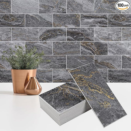 100 Pieces Peel and Stick Backsplash for Kitchen, 3" x 6" PVC Subway Tile 2025 Upgraded Gray-Gold Stone Backsplash Stick on Tile Elevate Kitchen Fireplace RV