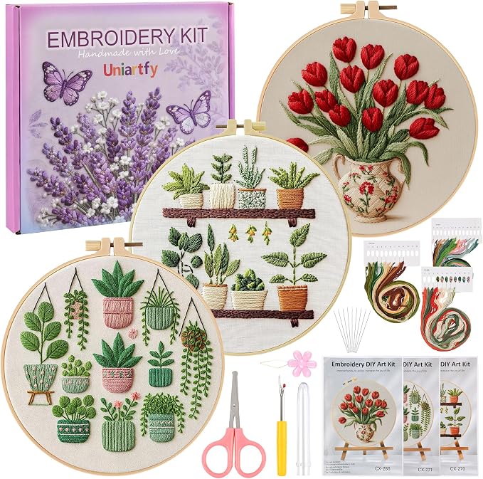 3 Pack Embroidery Kit for Adult Beginners, Needlepoint Cross Stitch Kits by Uniartfy