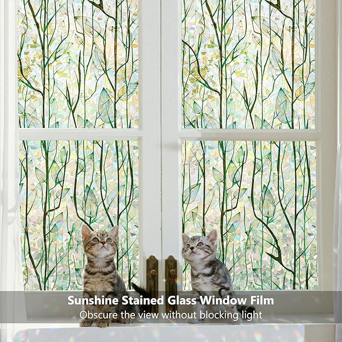 Finnez Window Privacy Film Window Film 3D No Glue Glass Sticker for Glass Door Home and Office Heat Control Anti UV (35.4 Inch x 6.5 Feet, Rainbow Grove)