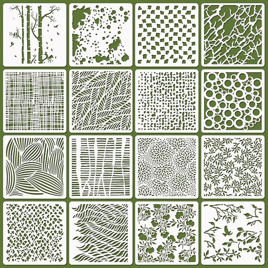 16 Pcs Layering Stencils for Painting - 6"x6" Mixed Texture Trees, Flowers, Leaves, Dots, Checkered, Buffalo Crackle, Splatter Stencils for Canvas, Mix Media Spray Paint