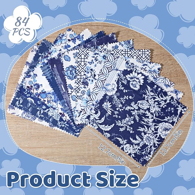84 Pcs Blue White Floral Fabric Squares, 5″ Charm Packs - Image 2