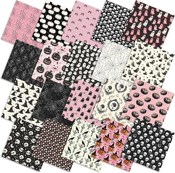 Ganeen 60 Pcs 10 x 10 Inch Pink Halloween Quilting Fabric Squares Vintage Pink Ghost Fat Patchwork Precut Strips Retro Pumpkin Skull Fabric Bundles for Holiday DIY Craft Sewing Quilt Material Handmade