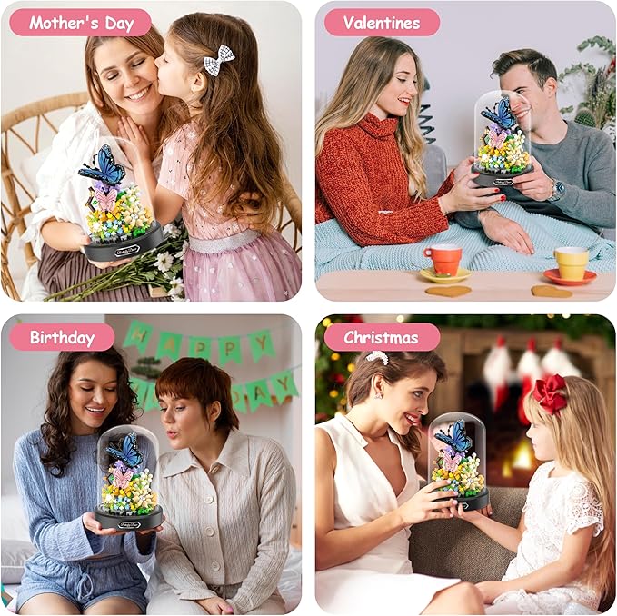 Flower Bouquet Building Kit, 530 Pcs Butterfly and Flowers Mini Bricks Building Blocks Sets, Valentines Day Gifts for Her Him Valentine's Day Gifts for Her Mom Women Girlfriends(Butterfly)
