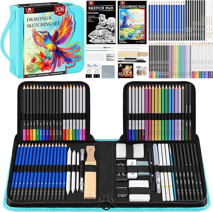 106 PCS Art Supplies Sketching Kit, Pro Drawing Pencils with 3-Color Sketchbook, Coloring Book, Colored Graphite Charcoal Watercolor & Metallic Pencils, Drawing Supplies Gifts for Artists Adults Kids