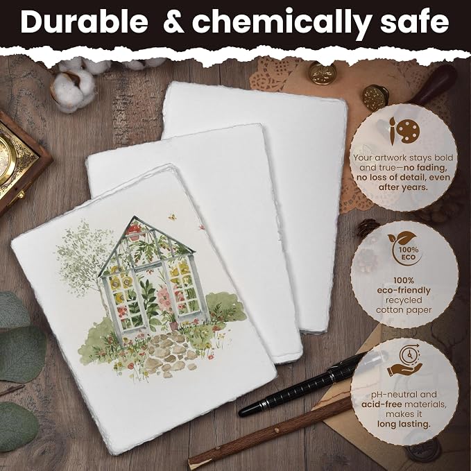 LEATHER VILLAGE Offwhite Deckled Edge Handmade Watercolor Paper 4x6 | 50 Sheets - Image 4