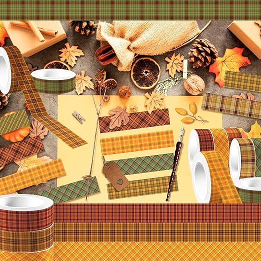 12 Pcs Thanksgiving Washi Tape Plaid Pattern Masking Tape Decorations Thanksgiving Decorative Paper Sticker for Vintage Journals, Planners, DIY Craft Gift Wrapping