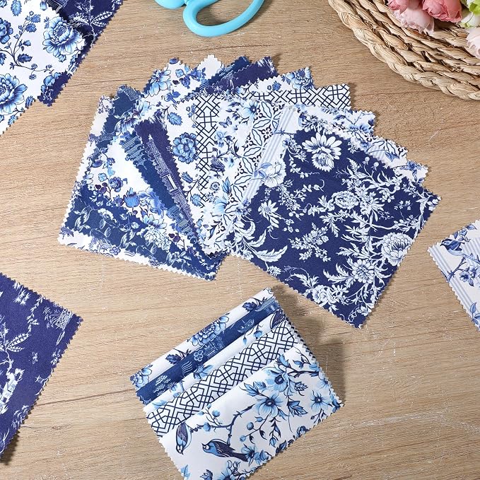 84 Pcs Blue White Floral Fabric Squares, 5″ Charm Packs - Image 6